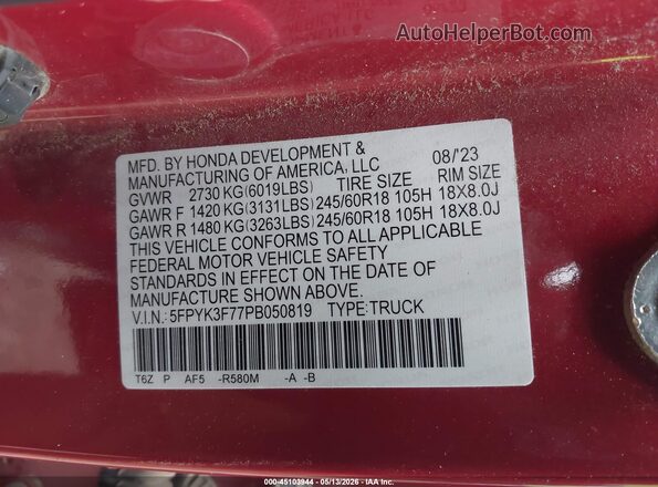 5FPYK3F77PB050819 2023 HONDA RIDGELINE Red Vista del compartimento del motor