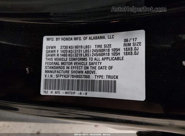 5FPYK3F78HB037868 2017 HONDA RIDGELINE Black Engine compartment view