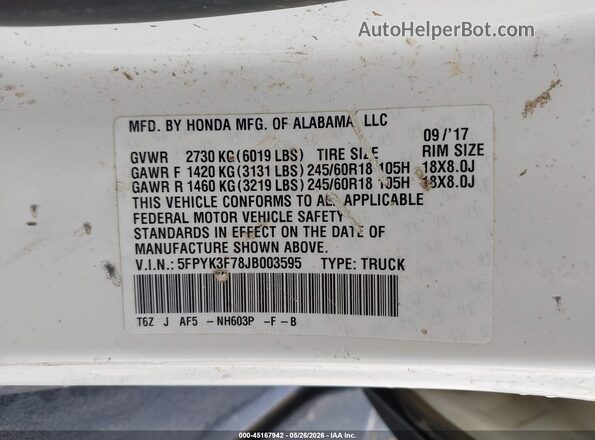 5FPYK3F78JB003595 2018 HONDA RIDGELINE White Vista del compartimento del motor