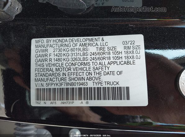 5FPYK3F78NB019463 2022 HONDA RIDGELINE Черный Вид подкапотного пространства