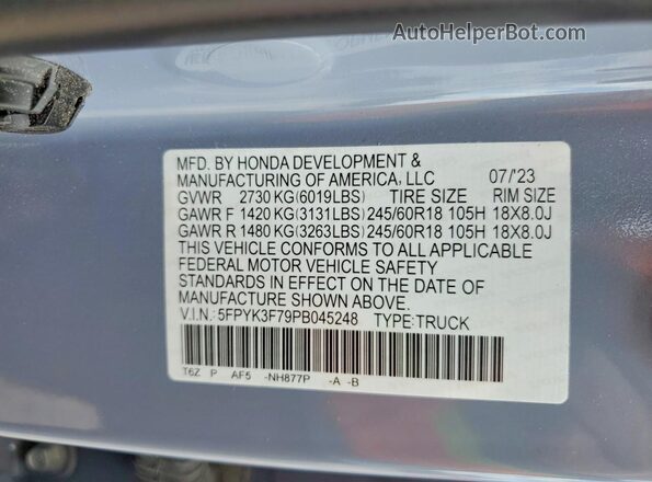 5FPYK3F79PB045248 2023 HONDA RIDGELINE Gray 