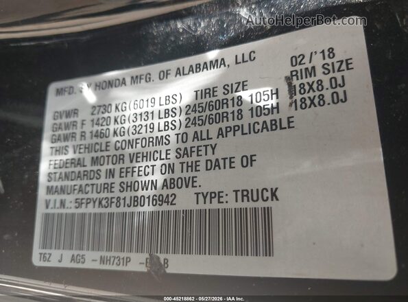5FPYK3F81JB016942 2018 HONDA RIDGELINE Black 