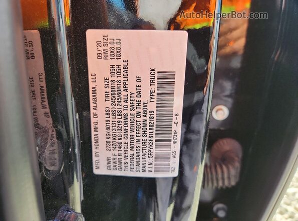 5FPYK3F81LB021819 2020 HONDA RIDGELINE Black Vista de la etiqueta del VIN