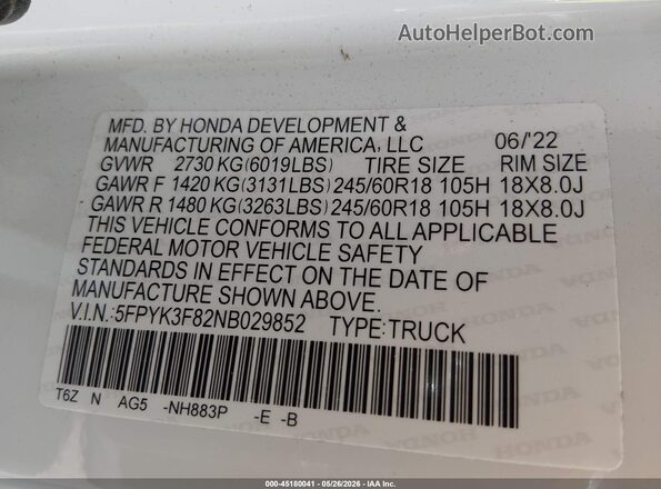 5FPYK3F82NB029852 2022 HONDA RIDGELINE White ძრავის განყოფილების ხედი