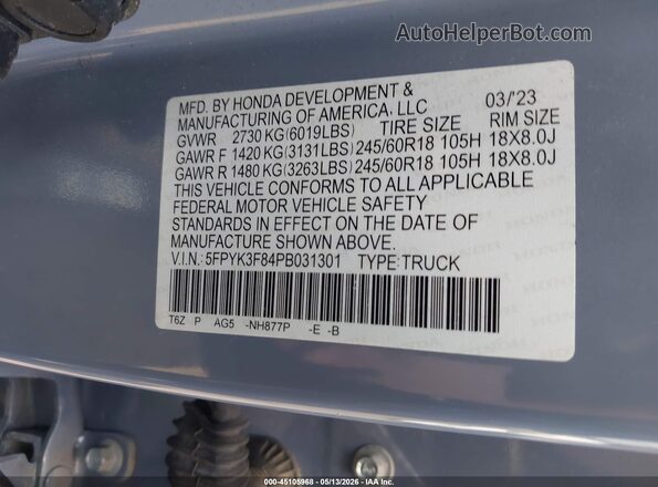 5FPYK3F84PB031301 2023 HONDA RIDGELINE Light Blue Շարժիչի բաժամունքի տեսք