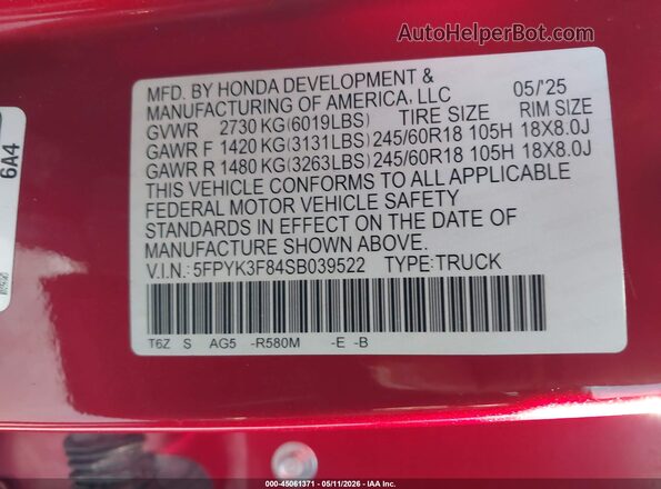 5FPYK3F84SB039522 2025 HONDA RIDGELINE Red Widok komory silnika