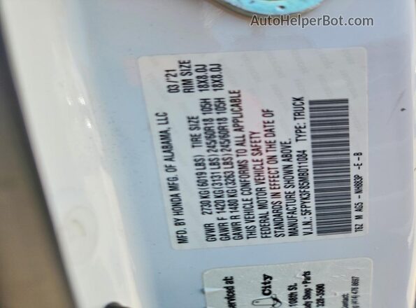 5FPYK3F85MB011084 2021 HONDA RIDGELINE White Widok naklejki z numerem VIN