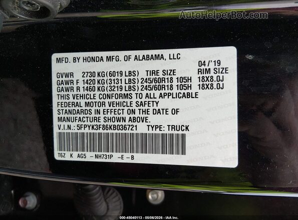 5FPYK3F86KB036721 2019 HONDA RIDGELINE Black Vista del compartimento del motor