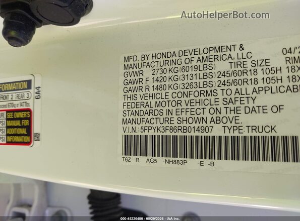 5FPYK3F86RB014907 2024 HONDA RIDGELINE White Вид підкапотного простору
