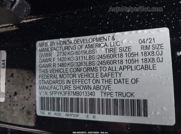 5FPYK3F87MB013340 2021 HONDA RIDGELINE Black 