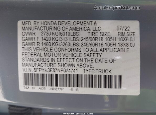5FPYK3F87NB034741 2022 HONDA RIDGELINE Blue Vista del compartimento del motor