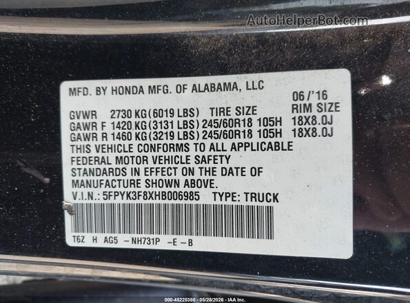 5FPYK3F8XHB006985 2017 HONDA RIDGELINE Black 