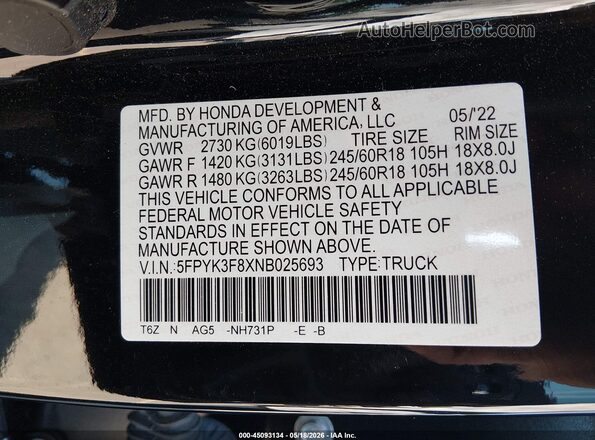 5FPYK3F8XNB025693 2022 HONDA RIDGELINE Black Вид підкапотного простору