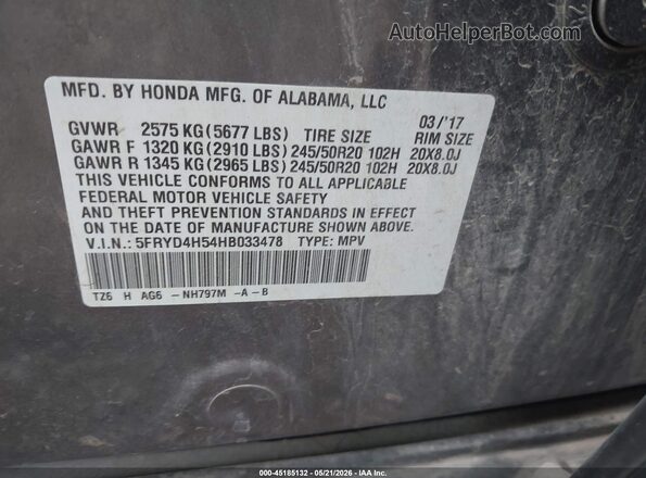 5FRYD4H54HB033478 2017 ACURA MDX Gray Vista del compartimento del motor