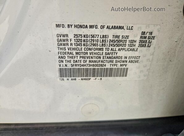 5FRYD4H73HB003924 2017 ACURA MDX White 