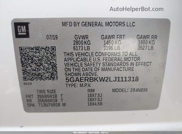 5GAERBKW2LJ111318 2020 BUICK ENCLAVE White Вид підкапотного простору