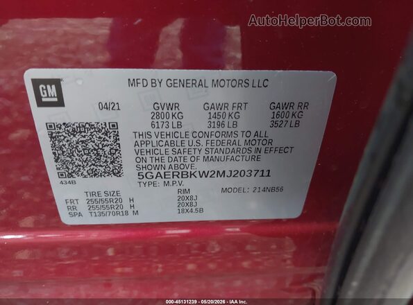 5GAERBKW2MJ203711 2021 BUICK ENCLAVE Red Vista del compartimento del motor