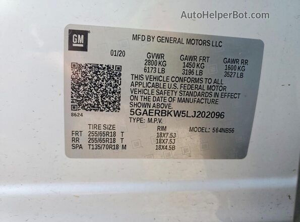 5GAERBKW5LJ202096 2020 BUICK ENCLAVE White 