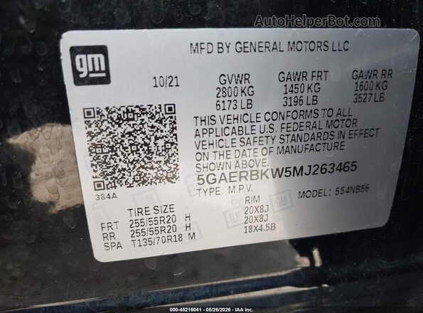 5GAERBKW5MJ263465 2021 BUICK ENCLAVE Black Engine compartment view