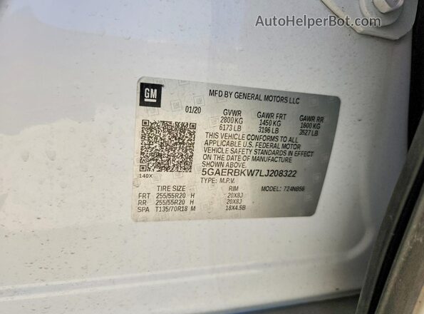 5GAERBKW7LJ208322 2020 BUICK ENCLAVE Белый Вид наклейки с VIN-кодом