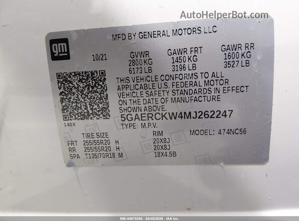 5GAERCKW4MJ262247 2021 BUICK ENCLAVE White Vista del compartimento del motor