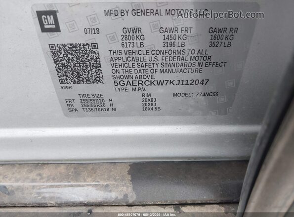 5GAERCKW7KJ112047 2019 BUICK ENCLAVE Серебряный Вид подкапотного пространства