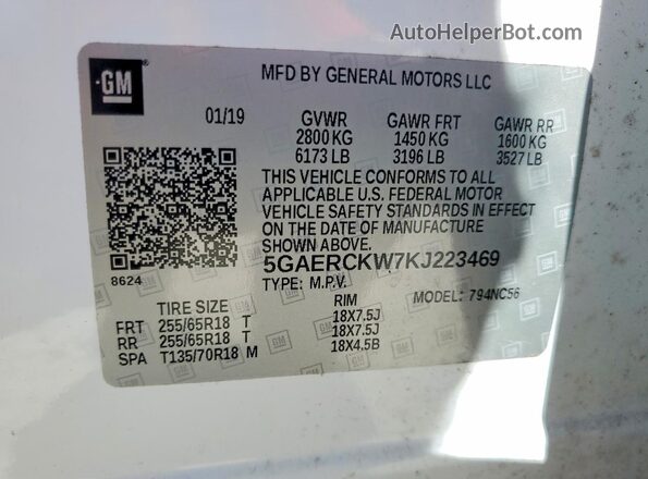 5GAERCKW7KJ223469 2019 BUICK ENCLAVE Белый Вид наклейки с VIN-кодом