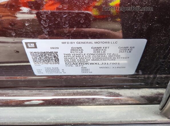 5GAERDKWXLJ317501 2020 BUICK ENCLAVE Maroon 
