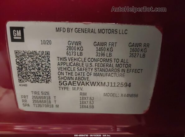 5GAEVAKWXMJ112594 2021 BUICK ENCLAVE Red Widok komory silnika