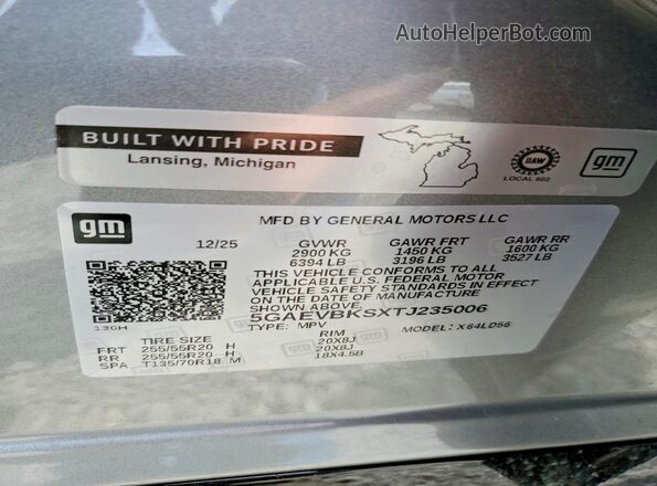 5GAEVBKSXTJ235006 2026 BUICK ENCLAVE Gray Vista de la etiqueta del VIN