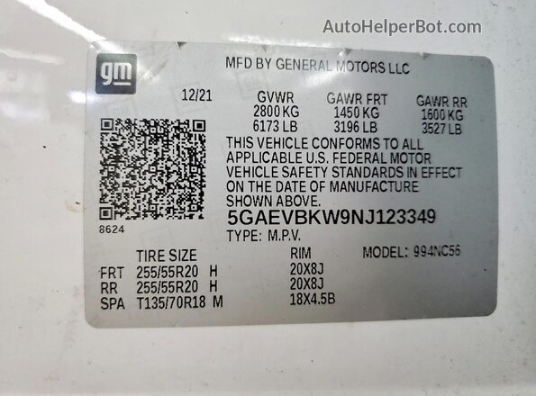 5GAEVBKW9NJ123349 2022 BUICK ENCLAVE White 