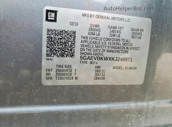 5GAEVBKWXKJ248971 2019 BUICK ENCLAVE Gray Widok naklejki z numerem VIN