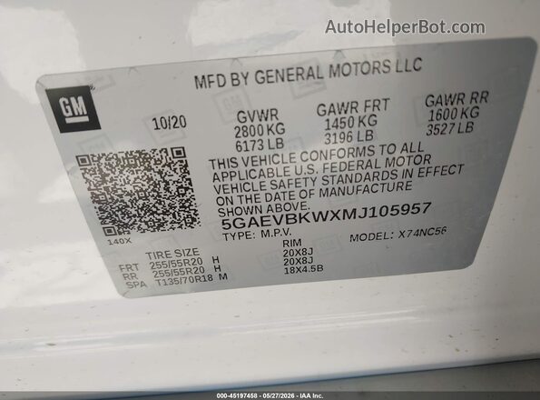 5GAEVBKWXMJ105957 2021 BUICK ENCLAVE White Engine compartment view