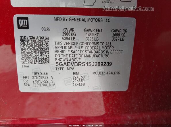 5GAEVBRS4SJ289289 2025 BUICK ENCLAVE Бордовый Вид подкапотного пространства