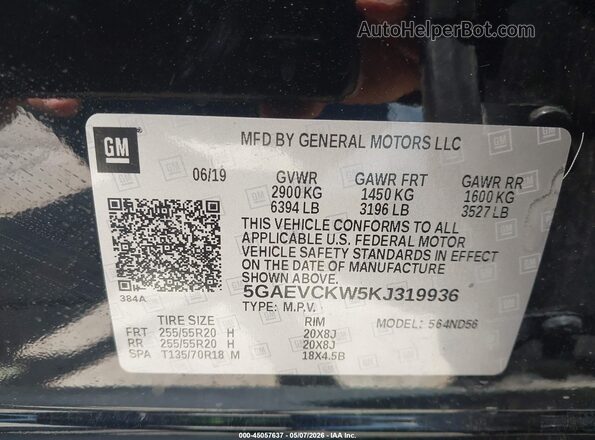 5GAEVCKW5KJ319936 2019 BUICK ENCLAVE Black Շարժիչի բաժամունքի տեսք