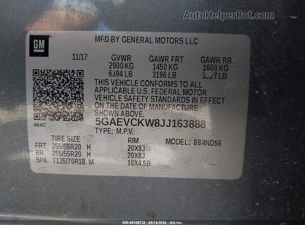 5GAEVCKW8JJ163888 2018 BUICK ENCLAVE Gray Widok komory silnika