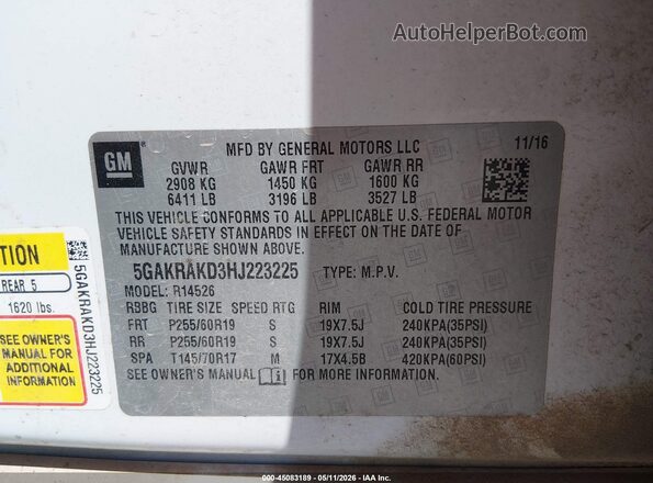 5GAKRAKD3HJ223225 2017 BUICK ENCLAVE White Engine compartment view