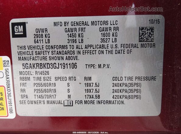 5GAKRBKD3GJ191106 2016 BUICK ENCLAVE Бордовый Вид подкапотного пространства