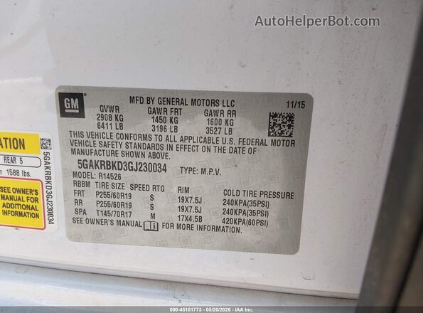 5GAKRBKD3GJ230034 2016 BUICK ENCLAVE White Engine compartment view
