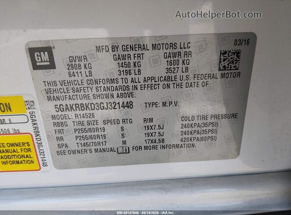 5GAKRBKD3GJ321448 2016 BUICK ENCLAVE White ძრავის განყოფილების ხედი