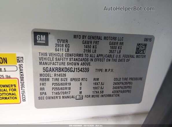 5GAKRBKD6GJ154339 2016 BUICK ENCLAVE White Вид підкапотного простору
