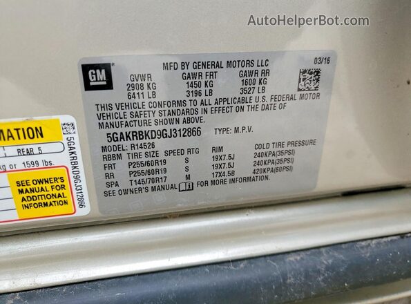 5GAKRBKD9GJ312866 2016 BUICK ENCLAVE Gold VIN sticker view