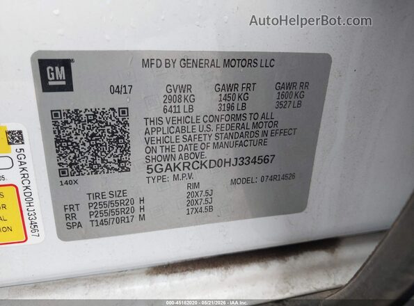 5GAKRCKD0HJ334567 2017 BUICK ENCLAVE White Vista del compartimento del motor