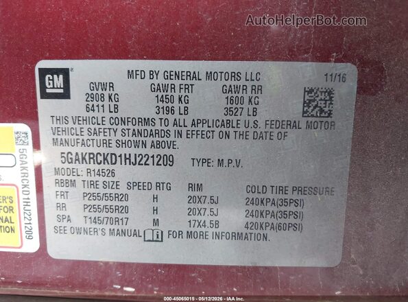 5GAKRCKD1HJ221209 2017 BUICK ENCLAVE Красный Вид подкапотного пространства