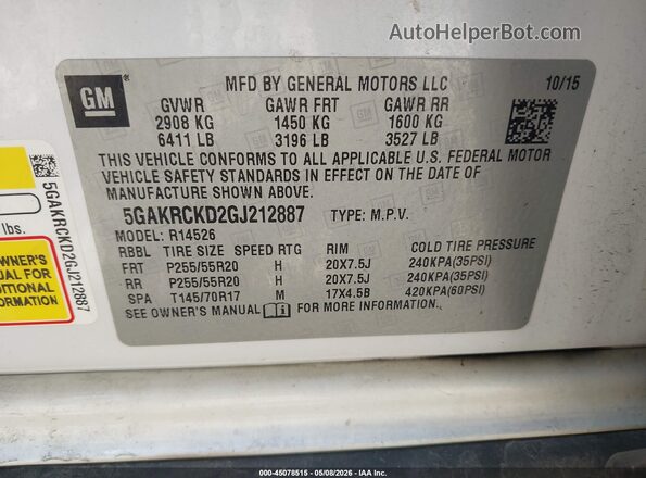 5GAKRCKD2GJ212887 2016 BUICK ENCLAVE White 