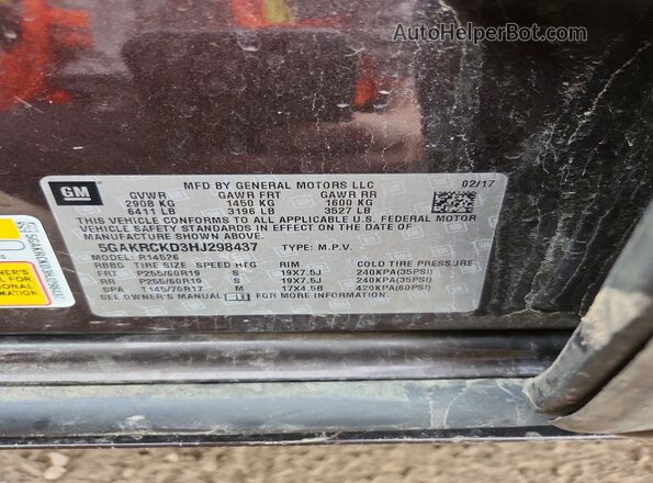 5GAKRCKD3HJ298437 2017 BUICK ENCLAVE Brown VIN sticker view