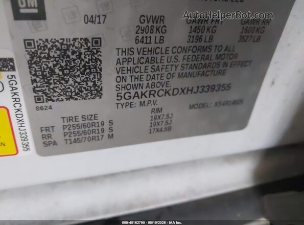 5GAKRCKDXHJ339355 2017 BUICK ENCLAVE White Widok komory silnika
