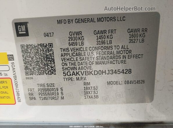 5GAKVBKD0HJ345428 2017 BUICK ENCLAVE White 
