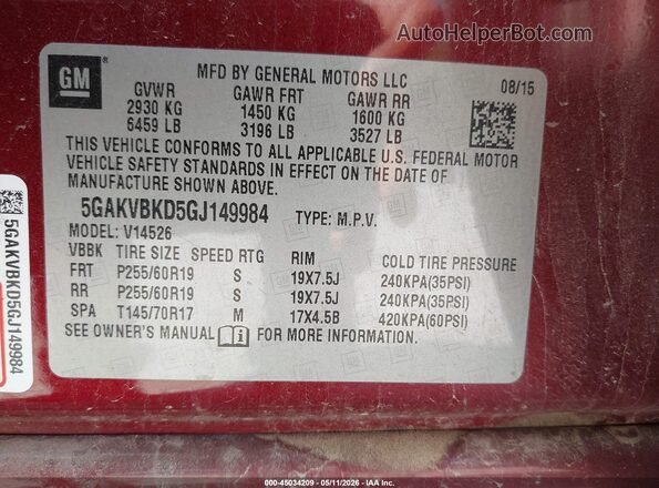 5GAKVBKD5GJ149984 2016 BUICK ENCLAVE Burgundy Engine compartment view