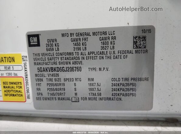 5GAKVBKD6GJ206760 2016 BUICK ENCLAVE White 
